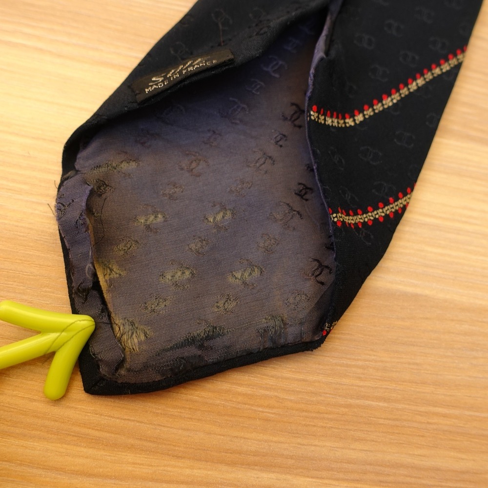 CHANEL Neck Tie Men Black CC Monogram Logo Stripe Silk French Luxury FRANCE $425 - Picture 8 of 16